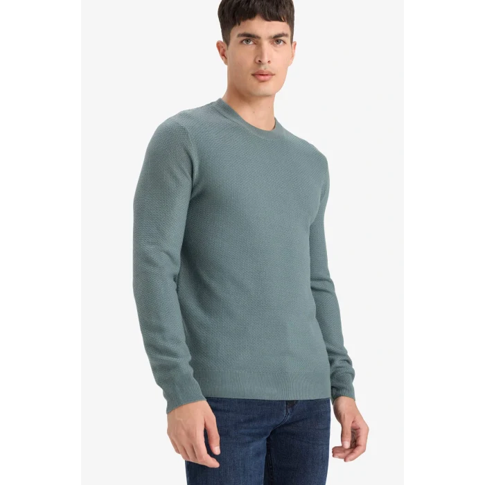 Defacto F1777AXBE528 Mavi Standart Fit Bisiklet Yaka Basic Dokulu Triko Kazak