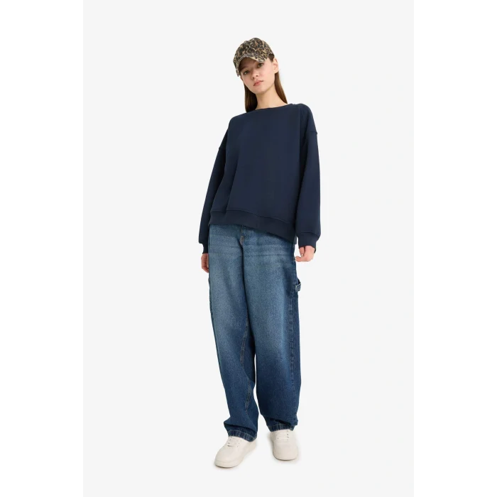Defacto A4177AXNV146 Lacivert Coool Oversize Geniş Kalıp Bisiklet Yaka Basic Düz Sweatshirt