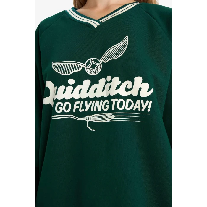 Defacto F9013AXGN516 Yeşil Coool Harry Potter Oversize Geniş Kalıp V Yaka Sweatshirt