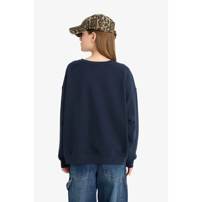 Defacto A4177AXNV146 Lacivert Coool Oversize Geniş Kalıp Bisiklet Yaka Basic Düz Sweatshirt