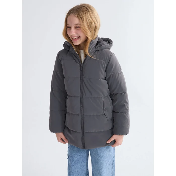 LCW Kids Antrasit Kapüşonlu Kız Çocuk Mont