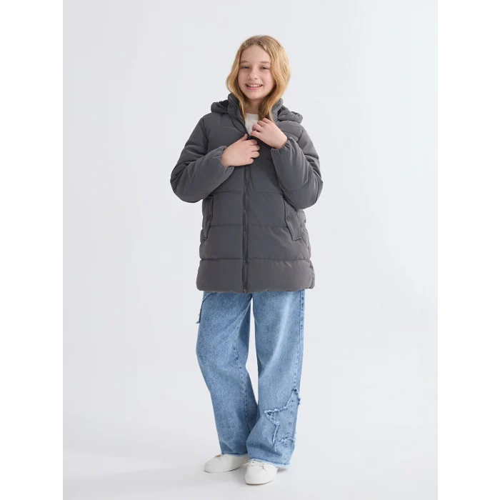 LCW Kids Antrasit Kapüşonlu Kız Çocuk Mont