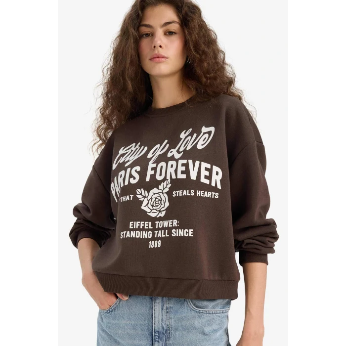 Defacto E8602AXBN258 Kahve Regular Fit Bisiklet Yaka Baskılı Sweatshirt