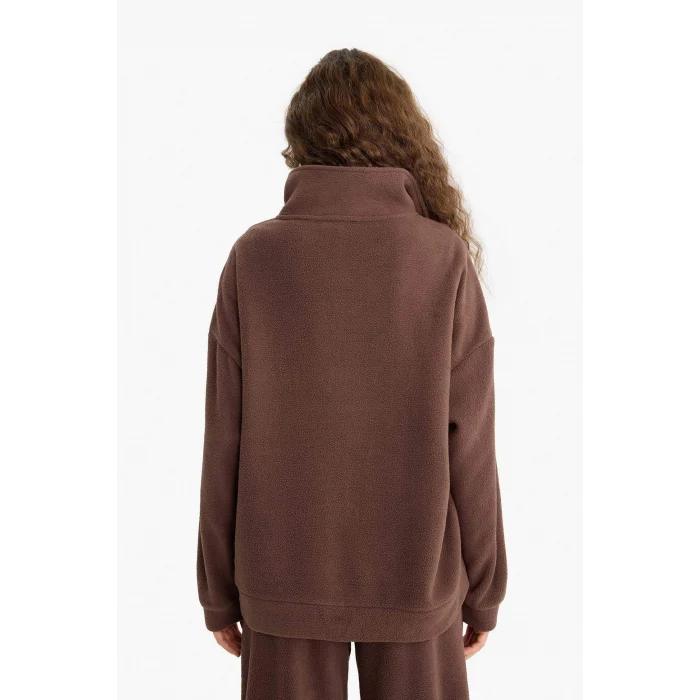 Defacto Y2649AZBN258 Kahve Oversize Geniş Kalıp Dik Yaka Fermuarlı Baskılı Polar Sweatshirt