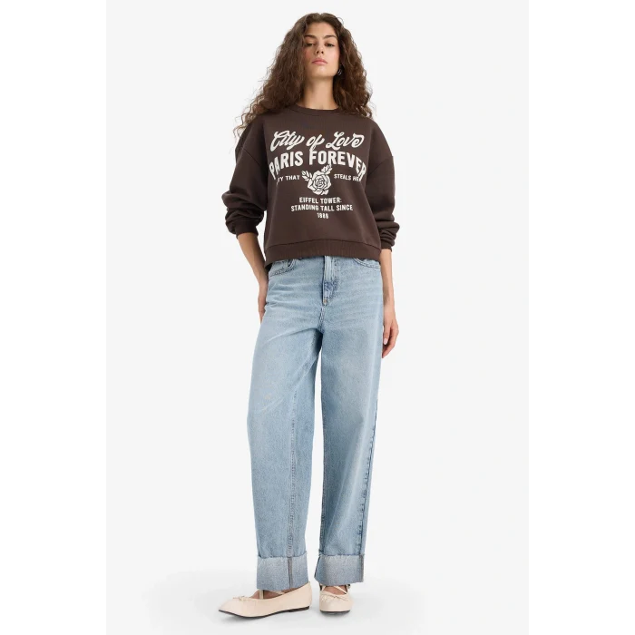 Defacto E8602AXBN258 Kahve Regular Fit Bisiklet Yaka Baskılı Sweatshirt