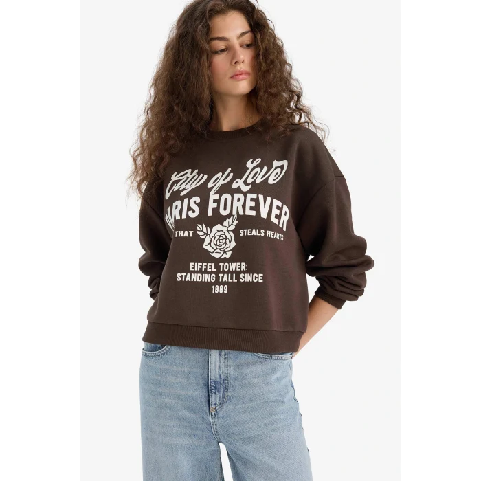 Defacto E8602AXBN258 Kahve Regular Fit Bisiklet Yaka Baskılı Sweatshirt