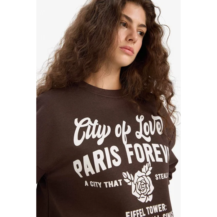 Defacto E8602AXBN258 Kahve Regular Fit Bisiklet Yaka Baskılı Sweatshirt