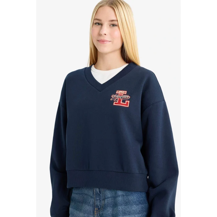 Defacto F9910AXNV241 Lacivert Coool Loose Fit V Yaka Baskılı Sweatshirt