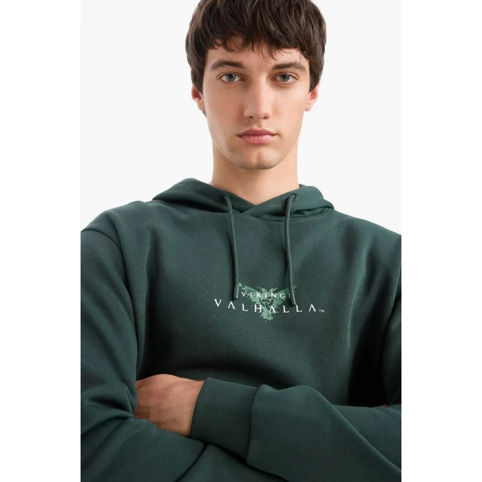 Defacto E9299AXGN536 Yeşil Vikings Valhalla Regular Fit Kapüşonlu Sweatshirt