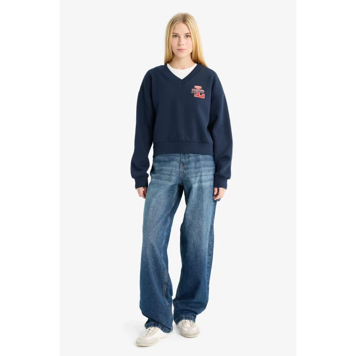 Defacto F9910AXNV241 Lacivert Coool Loose Fit V Yaka Baskılı Sweatshirt