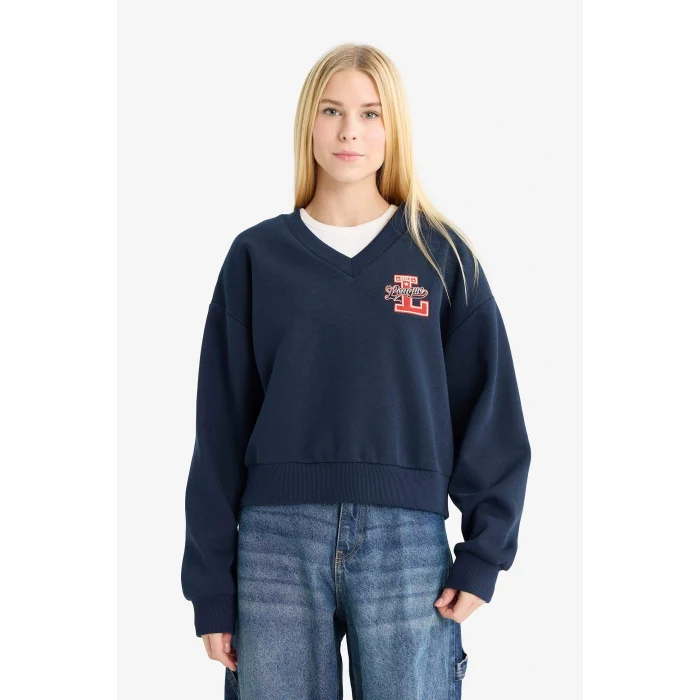 Defacto F9910AXNV241 Lacivert Coool Loose Fit V Yaka Baskılı Sweatshirt