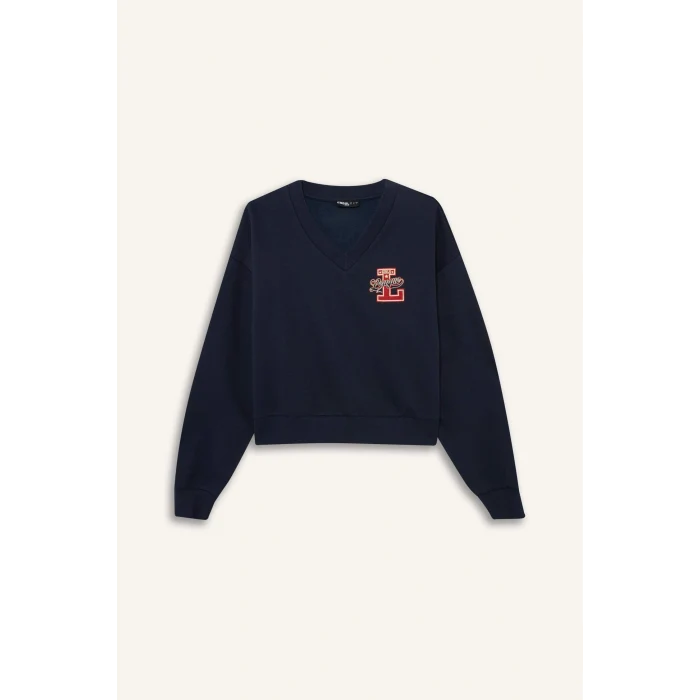 Defacto F9910AXNV241 Lacivert Coool Loose Fit V Yaka Baskılı Sweatshirt