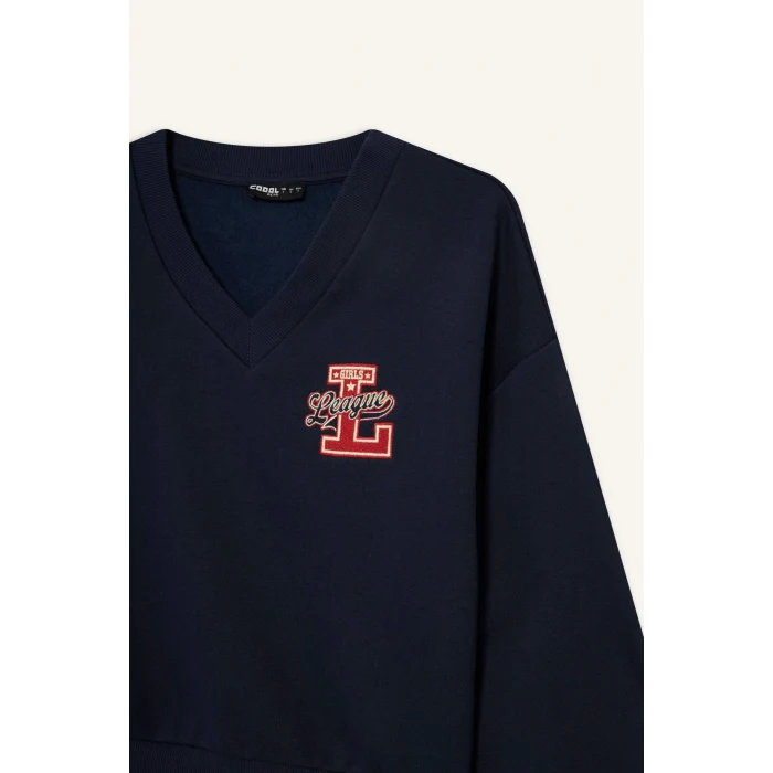 Defacto F9910AXNV241 Lacivert Coool Loose Fit V Yaka Baskılı Sweatshirt