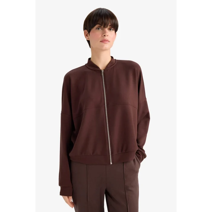 Defacto G3427AXBN340 Kahve Kolej Yaka Basic Düz Fermuarlı Bomber Hırka