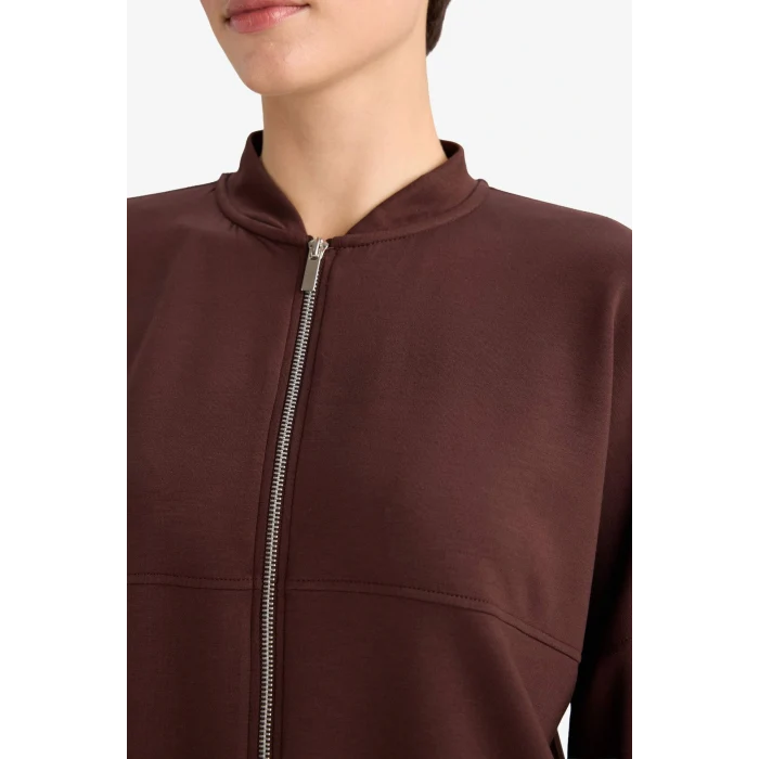 Defacto G3427AXBN340 Kahve Kolej Yaka Basic Düz Fermuarlı Bomber Hırka