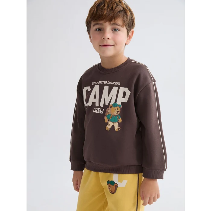 LCW Kids Kahverengi Baskılı Erkek Çocuk Kalın Sweatshirt