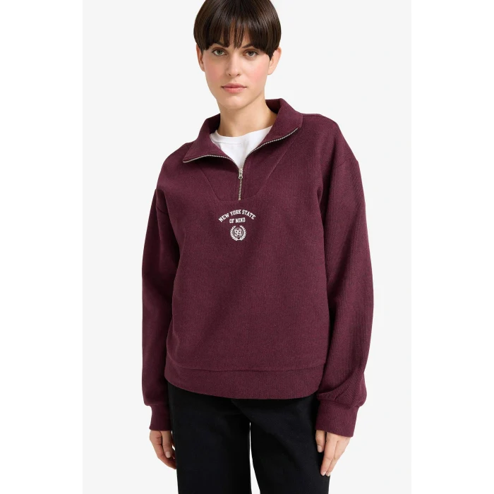 Defacto F7888AXBR34 Bordo Regular Fit Yarım Fermuarlı Baskılı Sweatshirt