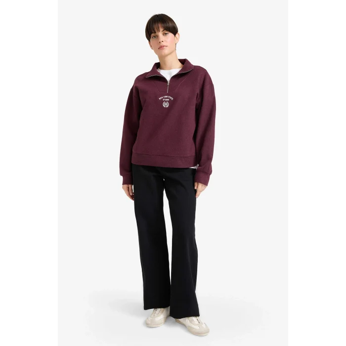 Defacto F7888AXBR34 Bordo Regular Fit Yarım Fermuarlı Baskılı Sweatshirt