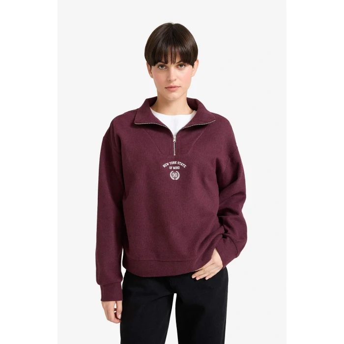 Defacto F7888AXBR34 Bordo Regular Fit Yarım Fermuarlı Baskılı Sweatshirt