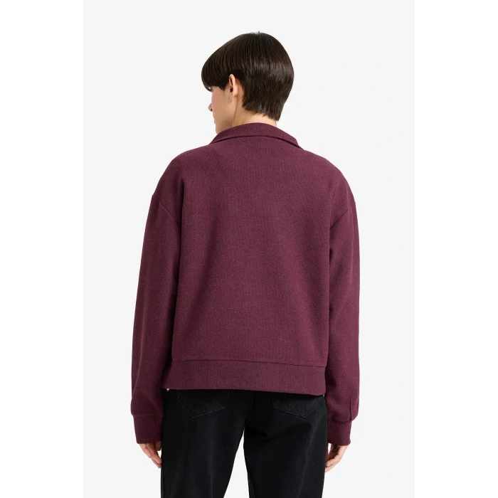 Defacto F7888AXBR34 Bordo Regular Fit Yarım Fermuarlı Baskılı Sweatshirt