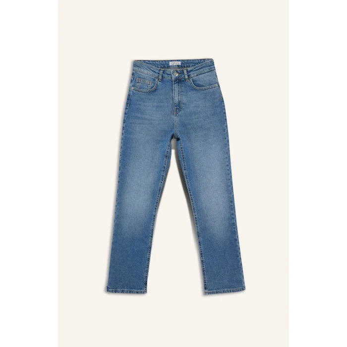 Defacto F3094AXNM28 Mavi Mary Vintage Straight Fit Yüksek Bel Bilek Boy Jean Yıkamalı Pantolon