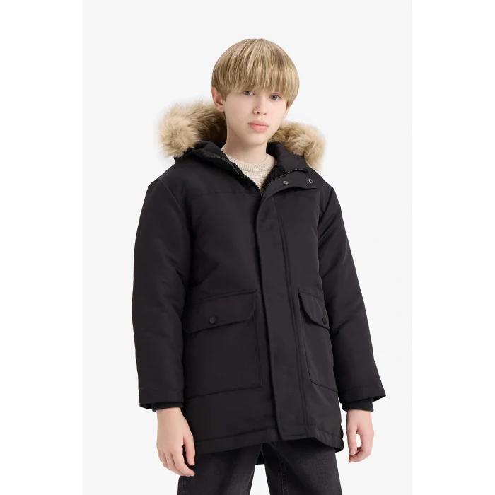 Defacto C8783A8BK27 Siyah Erkek Çocuk Parka Mont Çıkarılabilir Suni Kürk Yaka Kapüşonlu Pelüş Astar