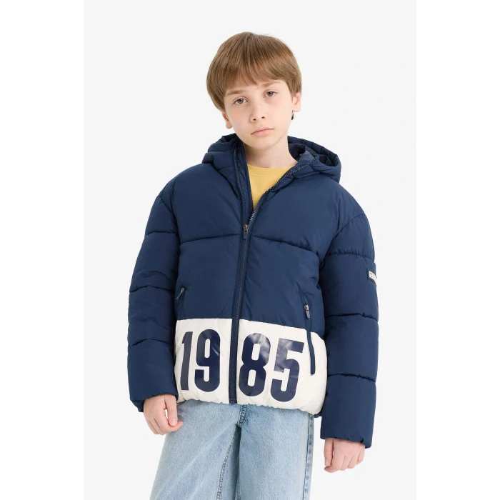 Defacto E9021A8NV256 Lacivert Erkek Çocuk Su Geçirmez Kapüşonlu Fermuarlı Şişme Mont