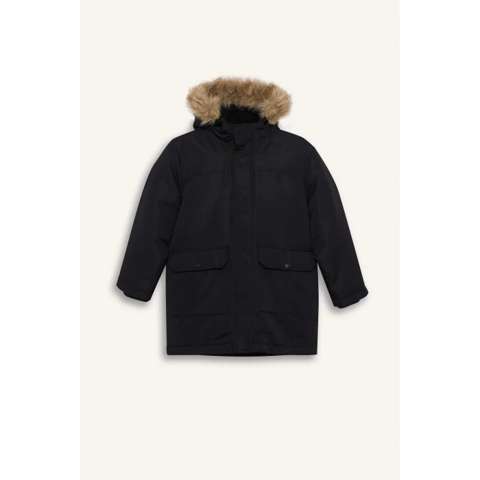 Defacto C8783A8BK27 Siyah Erkek Çocuk Parka Mont Çıkarılabilir Suni Kürk Yaka Kapüşonlu Pelüş Astar
