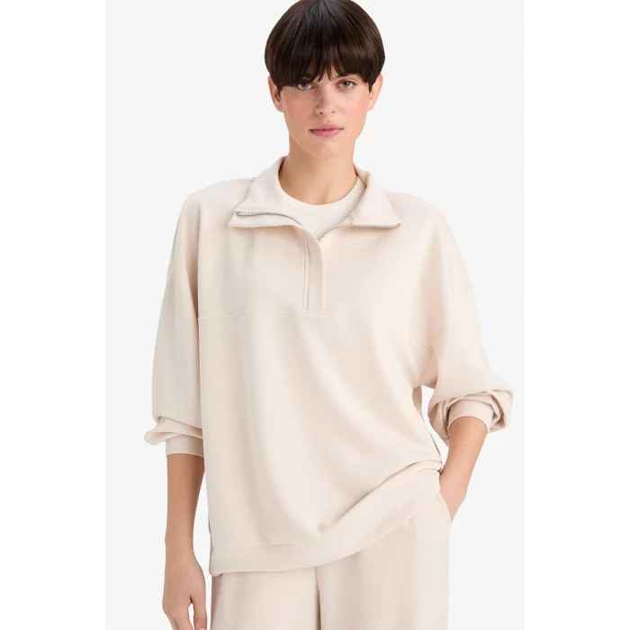 Defacto F0816AXBG722 Bej Relax Fit Yarım Balıkçı Yaka Modal Sweatshirt