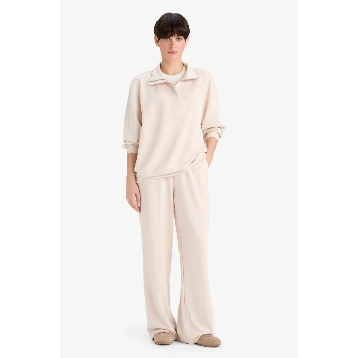 Defacto F0816AXBG722 Bej Relax Fit Yarım Balıkçı Yaka Modal Sweatshirt