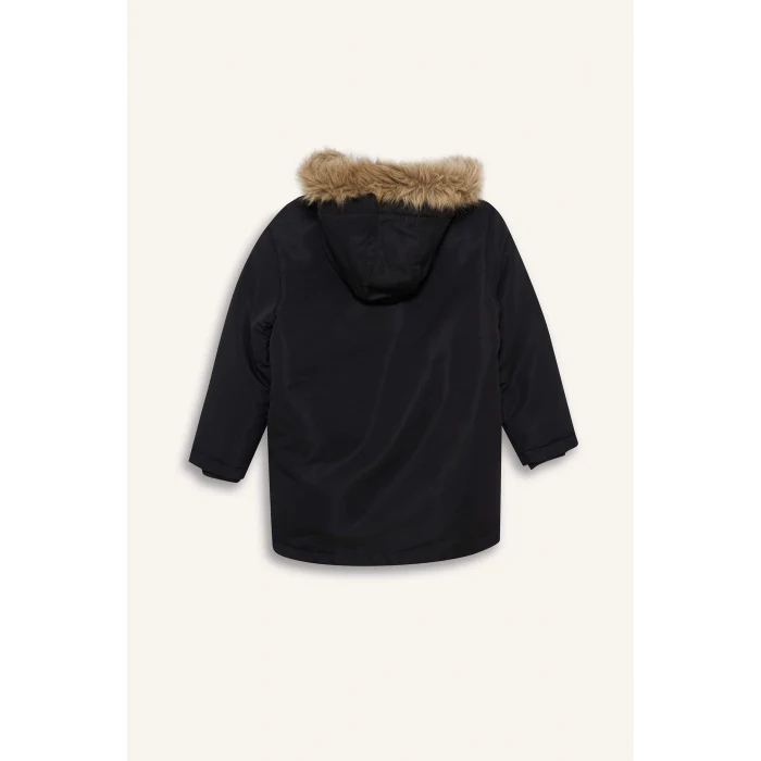 Defacto C8783A8BK27 Siyah Erkek Çocuk Parka Mont Çıkarılabilir Suni Kürk Yaka Kapüşonlu Pelüş Astar