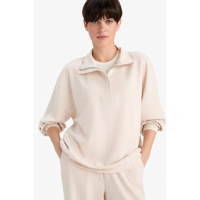 Defacto F0816AXBG722 Bej Relax Fit Yarım Balıkçı Yaka Modal Sweatshirt