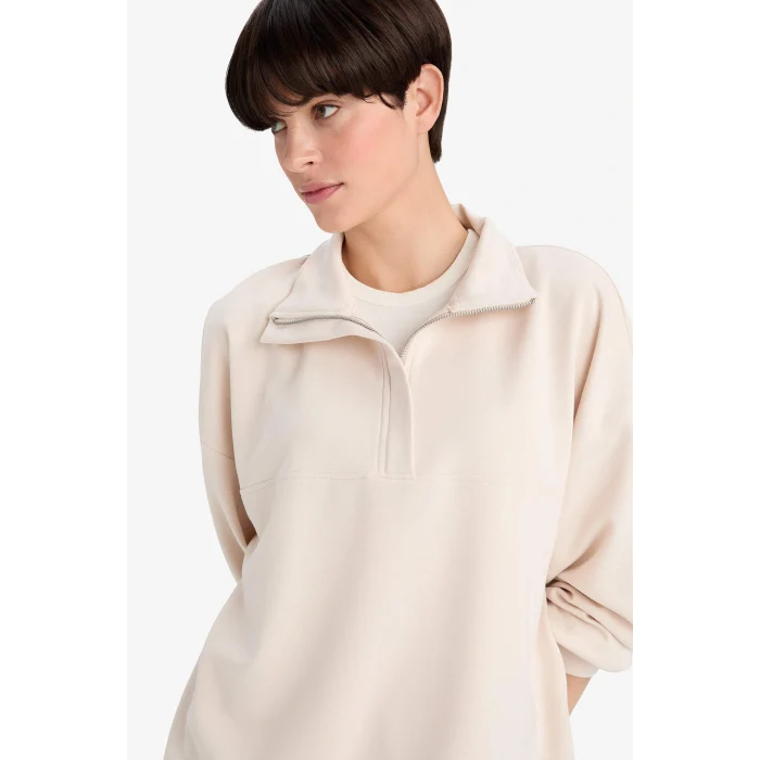 Defacto F0816AXBG722 Bej Relax Fit Yarım Balıkçı Yaka Modal Sweatshirt