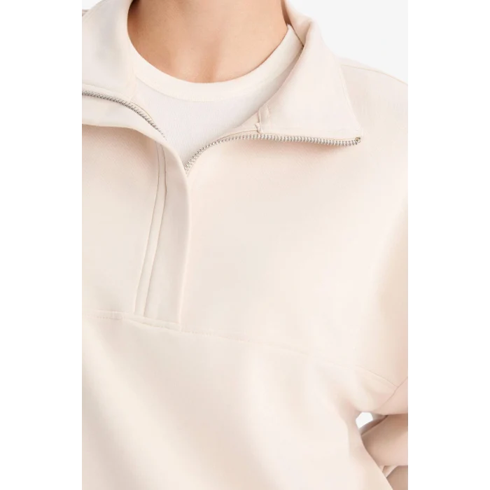 Defacto F0816AXBG722 Bej Relax Fit Yarım Balıkçı Yaka Modal Sweatshirt