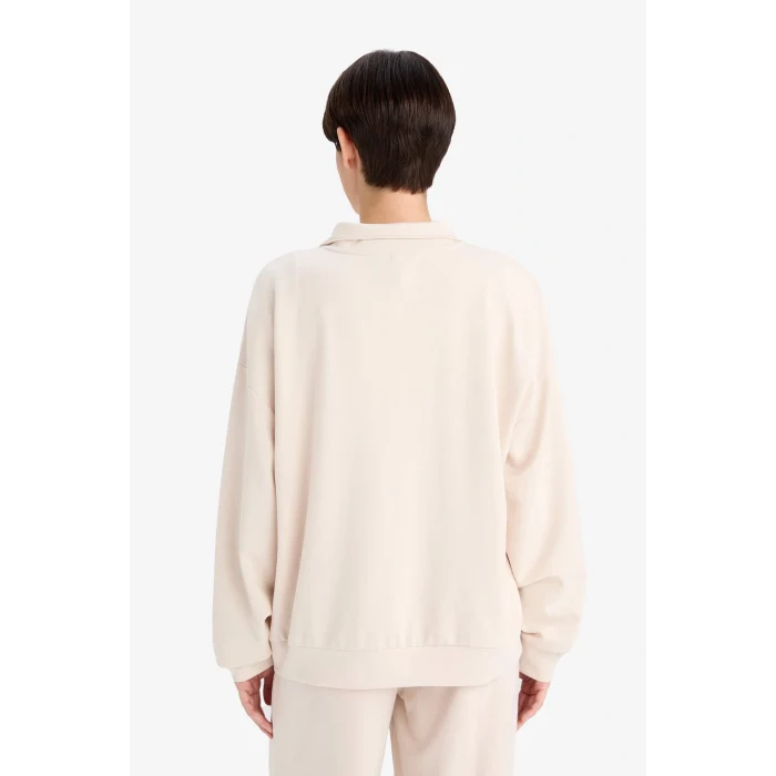 Defacto F0816AXBG722 Bej Relax Fit Yarım Balıkçı Yaka Modal Sweatshirt