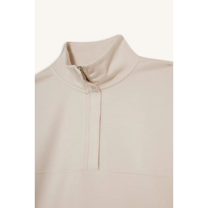 Defacto F0816AXBG722 Bej Relax Fit Yarım Balıkçı Yaka Modal Sweatshirt