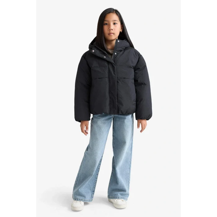 Defacto E9813A8BK27 Siyah Kız Çocuk Su Geçirmez Kapüşonlu Fermuarlı Şişme Mont