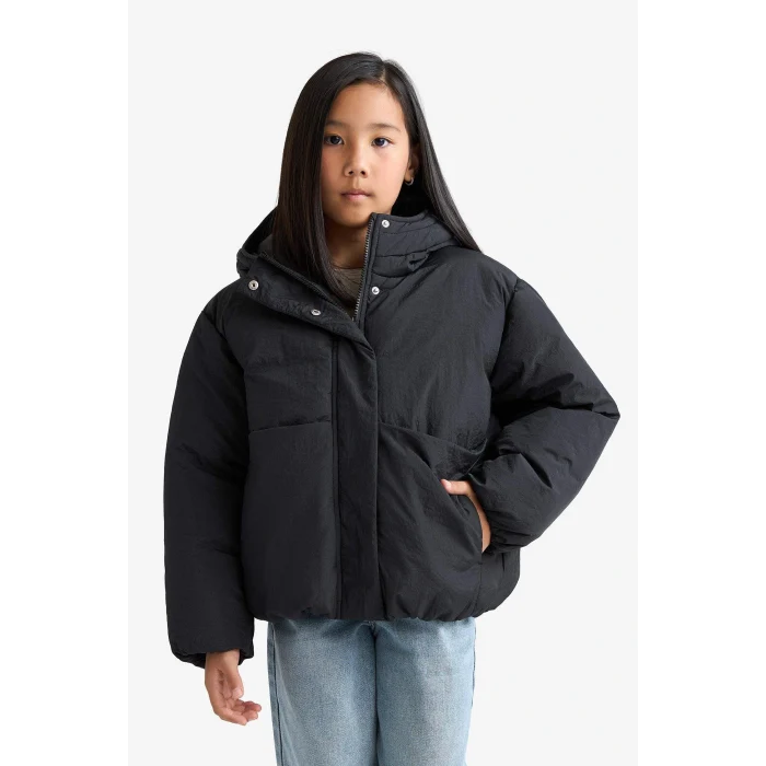 Defacto E9813A8BK27 Siyah Kız Çocuk Su Geçirmez Kapüşonlu Fermuarlı Şişme Mont