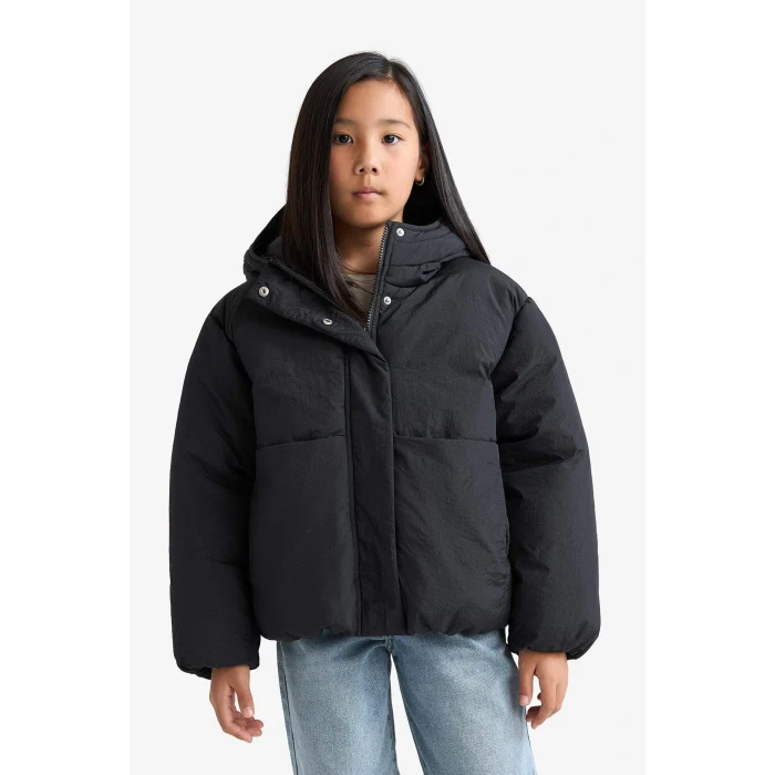 Defacto E9813A8BK27 Siyah Kız Çocuk Su Geçirmez Kapüşonlu Fermuarlı Şişme Mont
