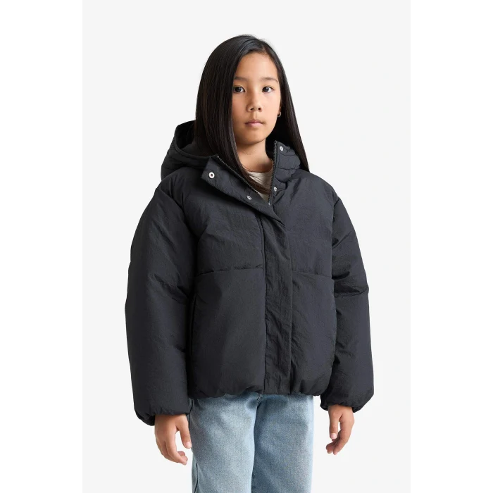 Defacto E9813A8BK27 Siyah Kız Çocuk Su Geçirmez Kapüşonlu Fermuarlı Şişme Mont