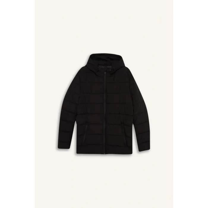 Defacto R0216AZBK27 Siyah Su İtici Slim Fit Dar Kesim Astarlı Kapüşonlu Fermuarlı Cepli Dolgulu Mont