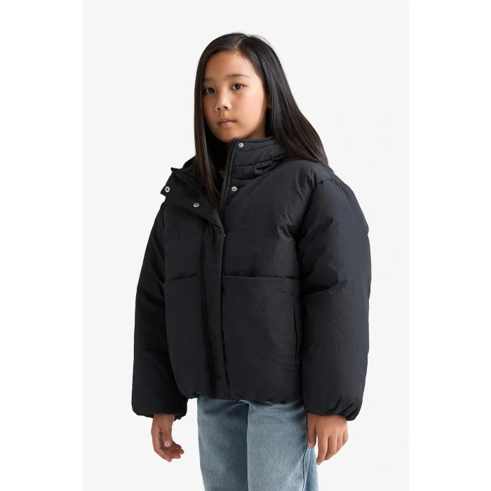 Defacto E9813A8BK27 Siyah Kız Çocuk Su Geçirmez Kapüşonlu Fermuarlı Şişme Mont