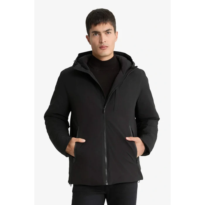 Defacto A2620AXBK27 Siyah Su İtici Regular Fit Kapüşonlu Fermuarlı Cepli Mont