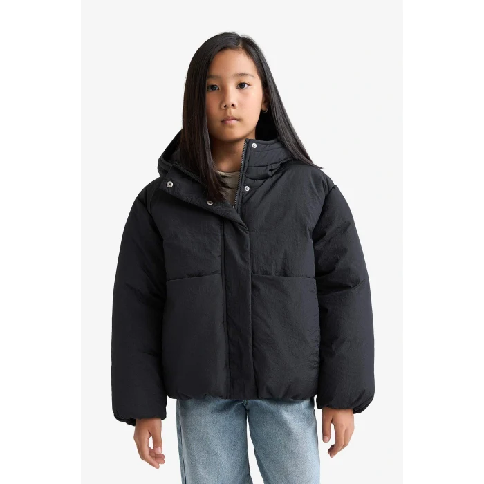 Defacto E9813A8BK27 Siyah Kız Çocuk Su Geçirmez Kapüşonlu Fermuarlı Şişme Mont