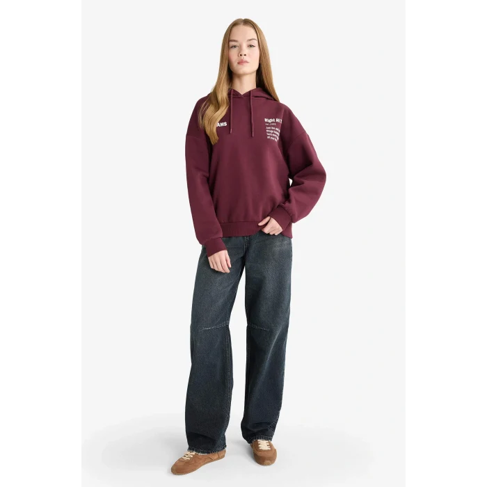 Defacto G3874AXBR171 Bordo Oversize Geniş Kalıp Kapüşonlu Sırt Baskılı Sweatshirt