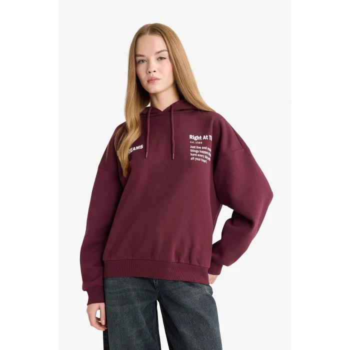 Defacto G3874AXBR171 Bordo Oversize Geniş Kalıp Kapüşonlu Sırt Baskılı Sweatshirt