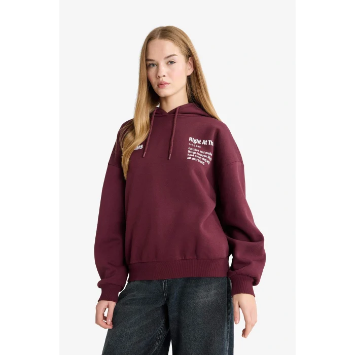 Defacto G3874AXBR171 Bordo Oversize Geniş Kalıp Kapüşonlu Sırt Baskılı Sweatshirt