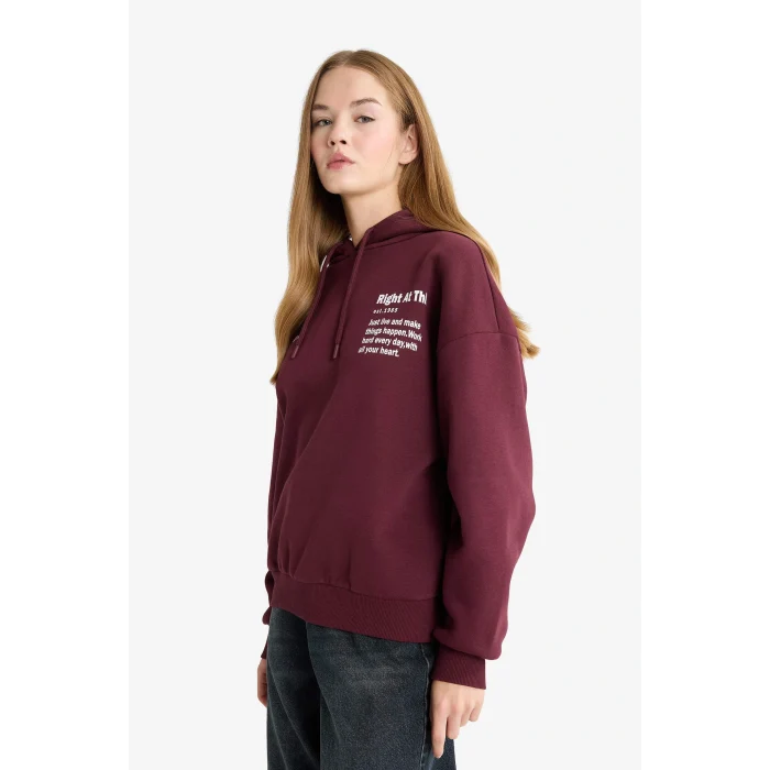 Defacto G3874AXBR171 Bordo Oversize Geniş Kalıp Kapüşonlu Sırt Baskılı Sweatshirt