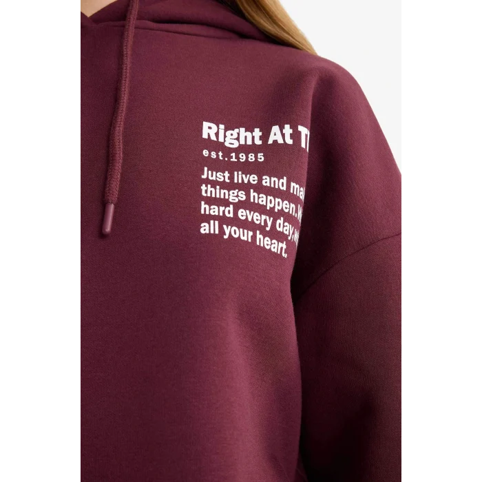 Defacto G3874AXBR171 Bordo Oversize Geniş Kalıp Kapüşonlu Sırt Baskılı Sweatshirt