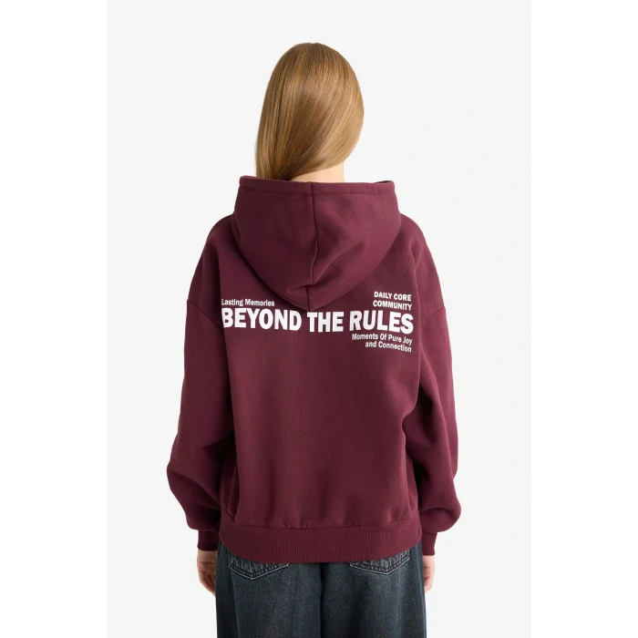 Defacto G3874AXBR171 Bordo Oversize Geniş Kalıp Kapüşonlu Sırt Baskılı Sweatshirt